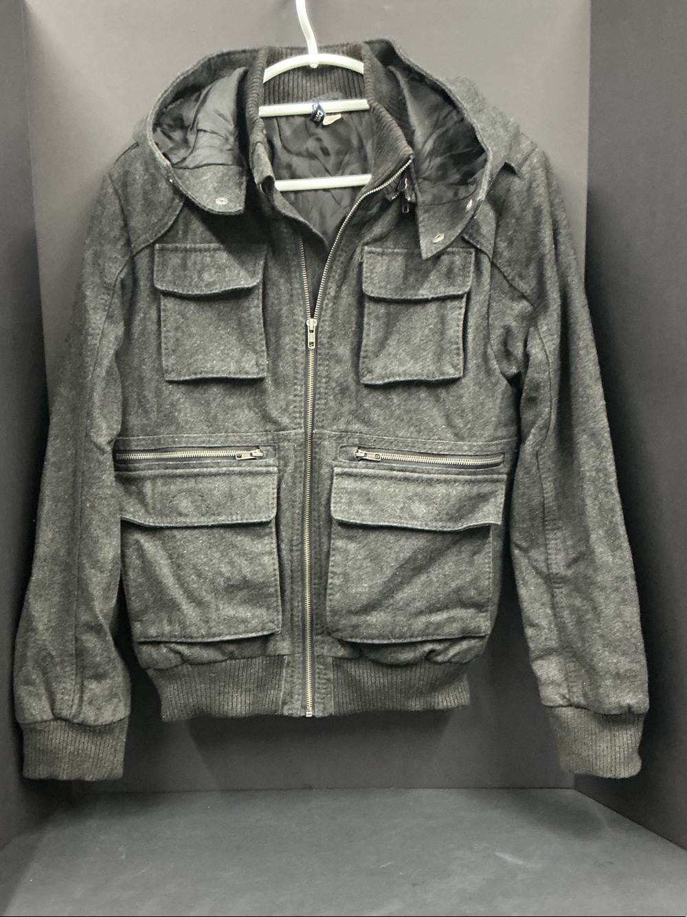 H&M Charcoal Gray Military-Style Hooded Utility Field Jacket with Removable Hood